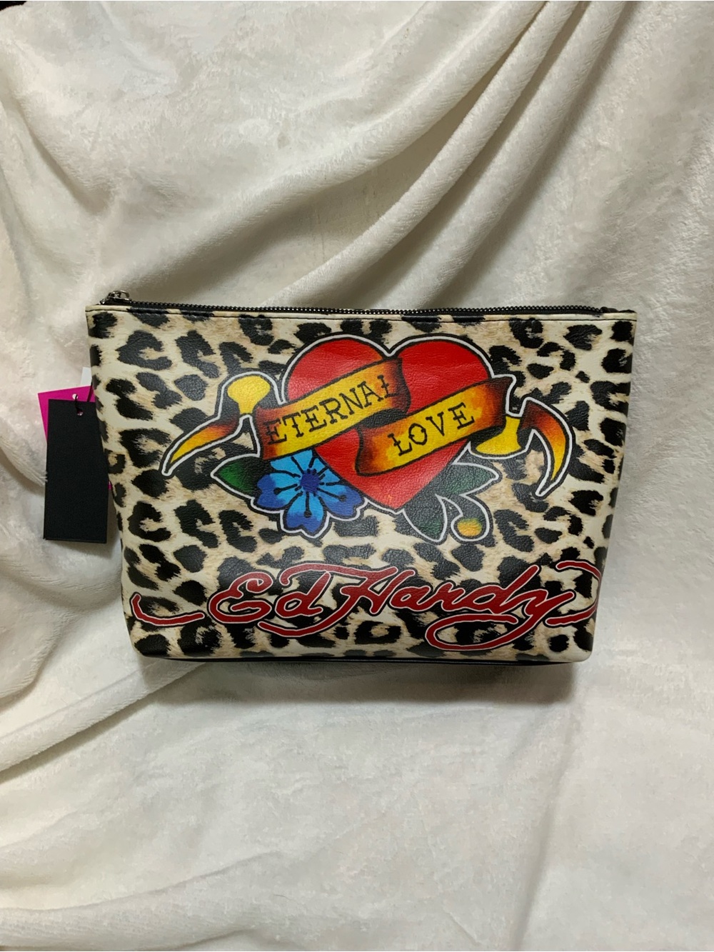 Ed Hardy Leopard Cosmetic Pouch with Red Heart Graphic